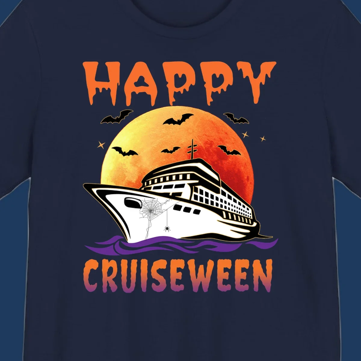 Spooky cruise ship design with full moon, bats, and spider web—Halloween cruiseween artwork
