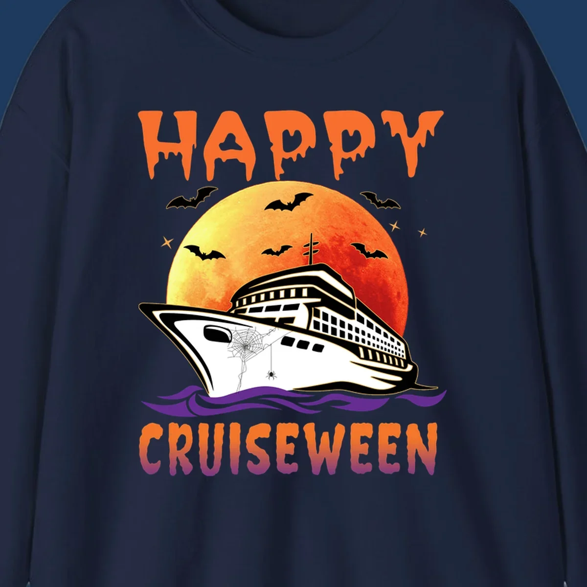 Spooky cruise ship design with full moon, bats, and spider web—Halloween cruiseween artwork