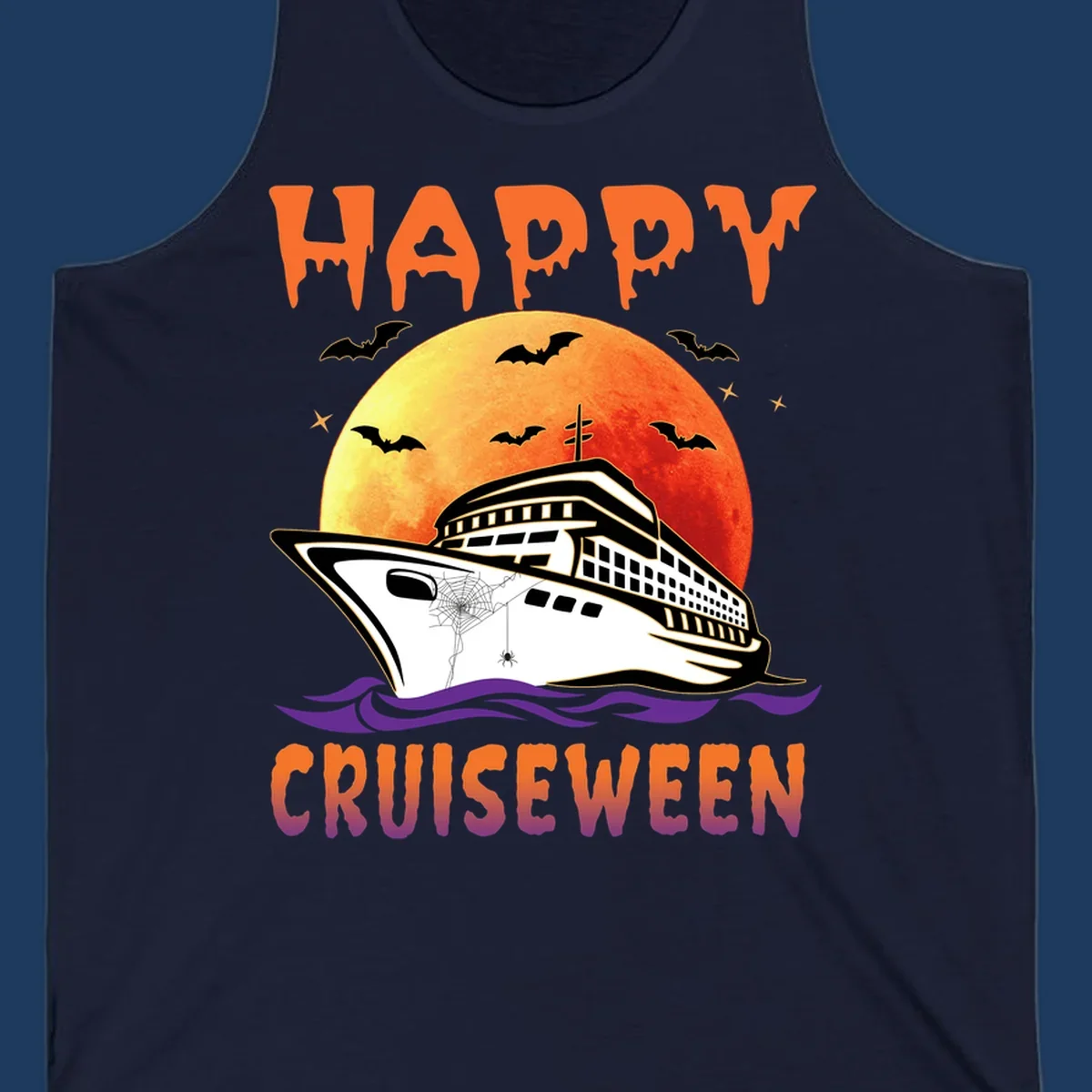 Spooky cruise ship design with full moon, bats, and spider web—Halloween cruiseween artwork