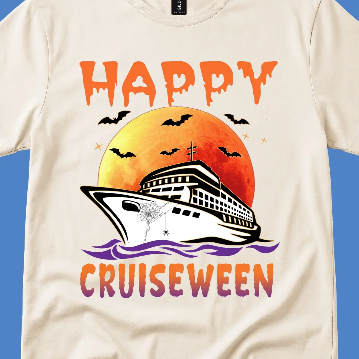 Spooky cruise ship design with full moon, bats, and spider web—Halloween cruiseween artwork
