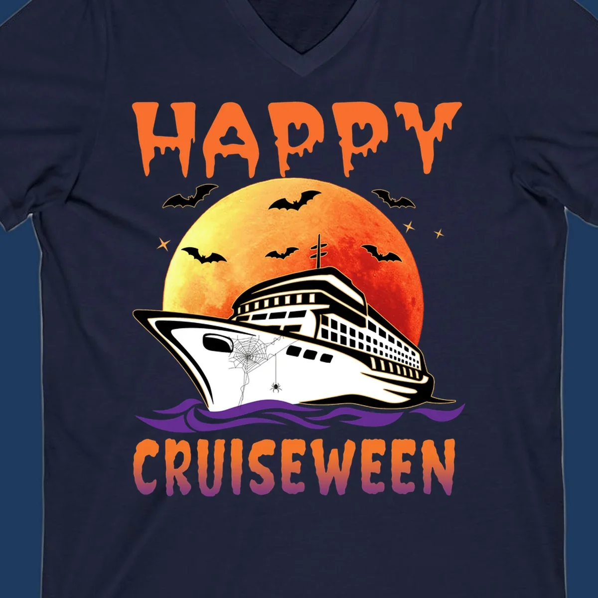 Spooky cruise ship design with full moon, bats, and spider web—Halloween cruiseween artwork