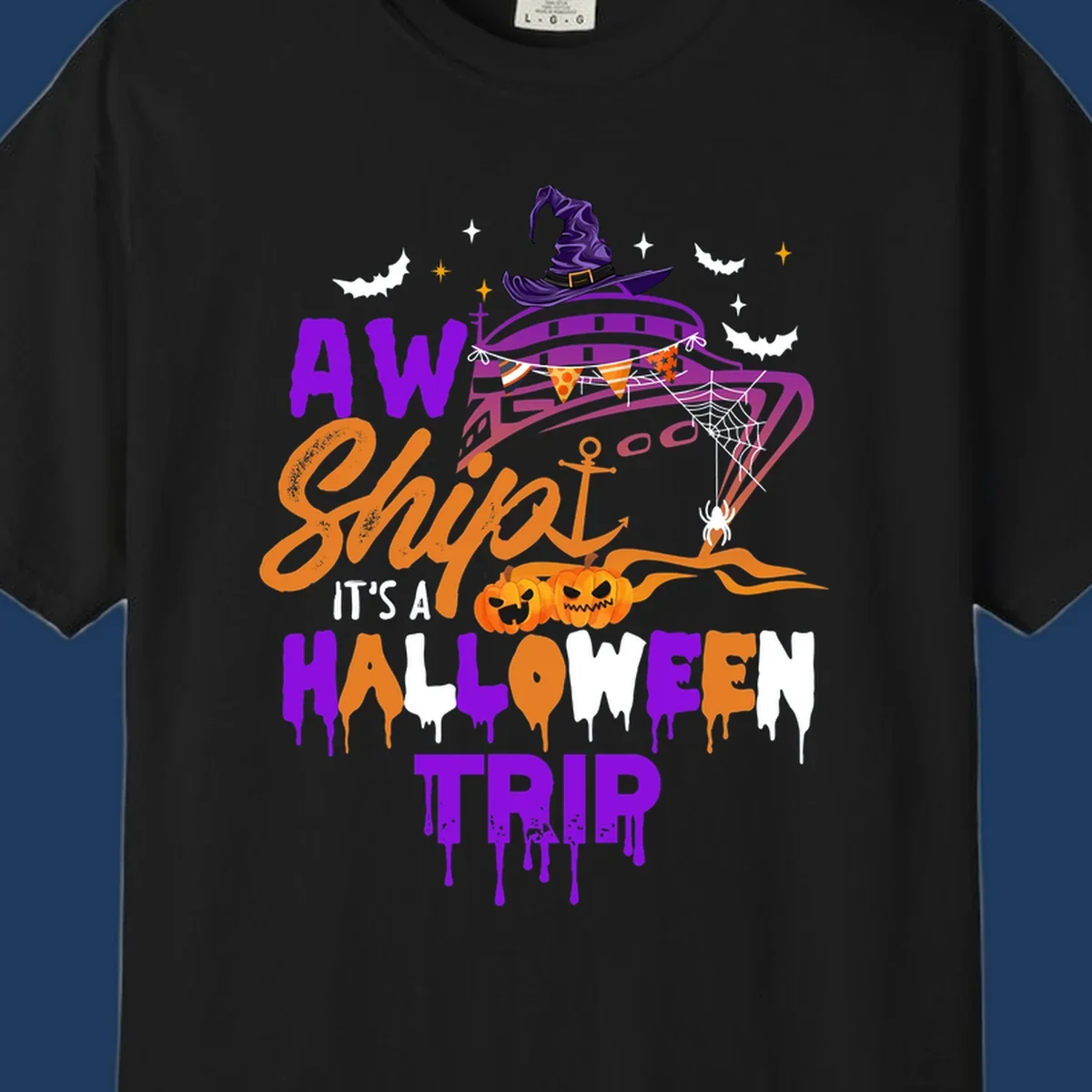 Halloween cruise trip design with purple witch hat, jack-o-lanterns, spider web, and dripping text saying 'AW Shiver It's A Halloween Trip'