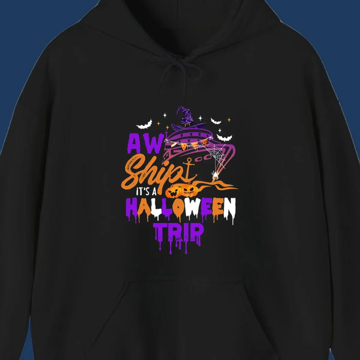 Halloween cruise trip design with purple witch hat, jack-o-lanterns, spider web, and dripping text saying 'AW Shiver It's A Halloween Trip'