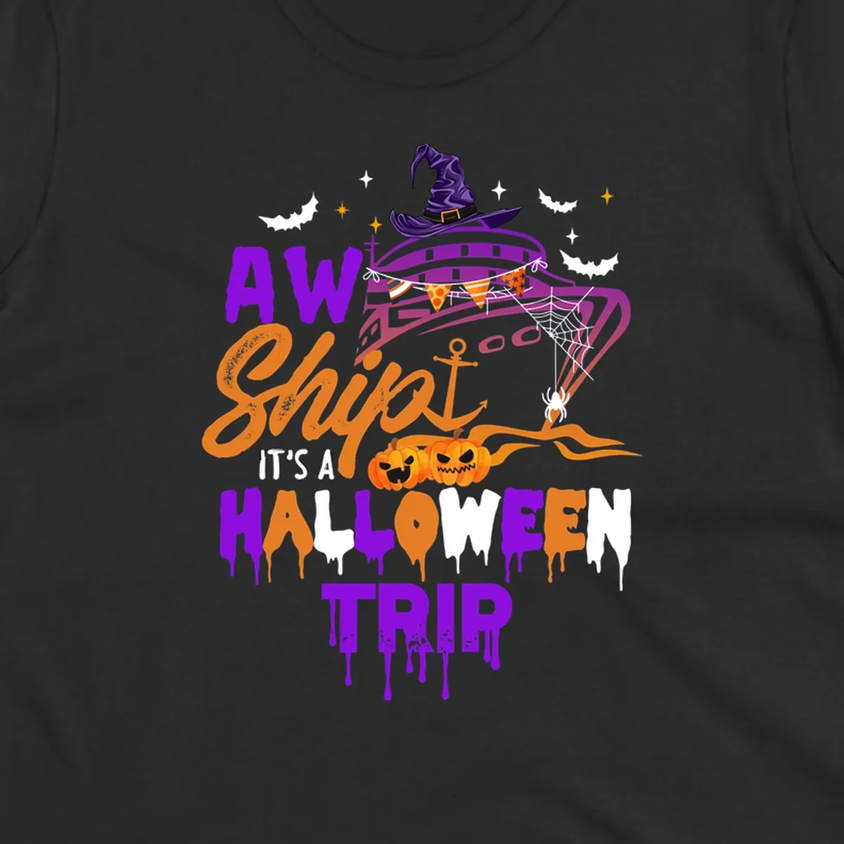 Halloween cruise trip design with purple witch hat, jack-o-lanterns, spider web, and dripping text saying 'AW Shiver It's A Halloween Trip'