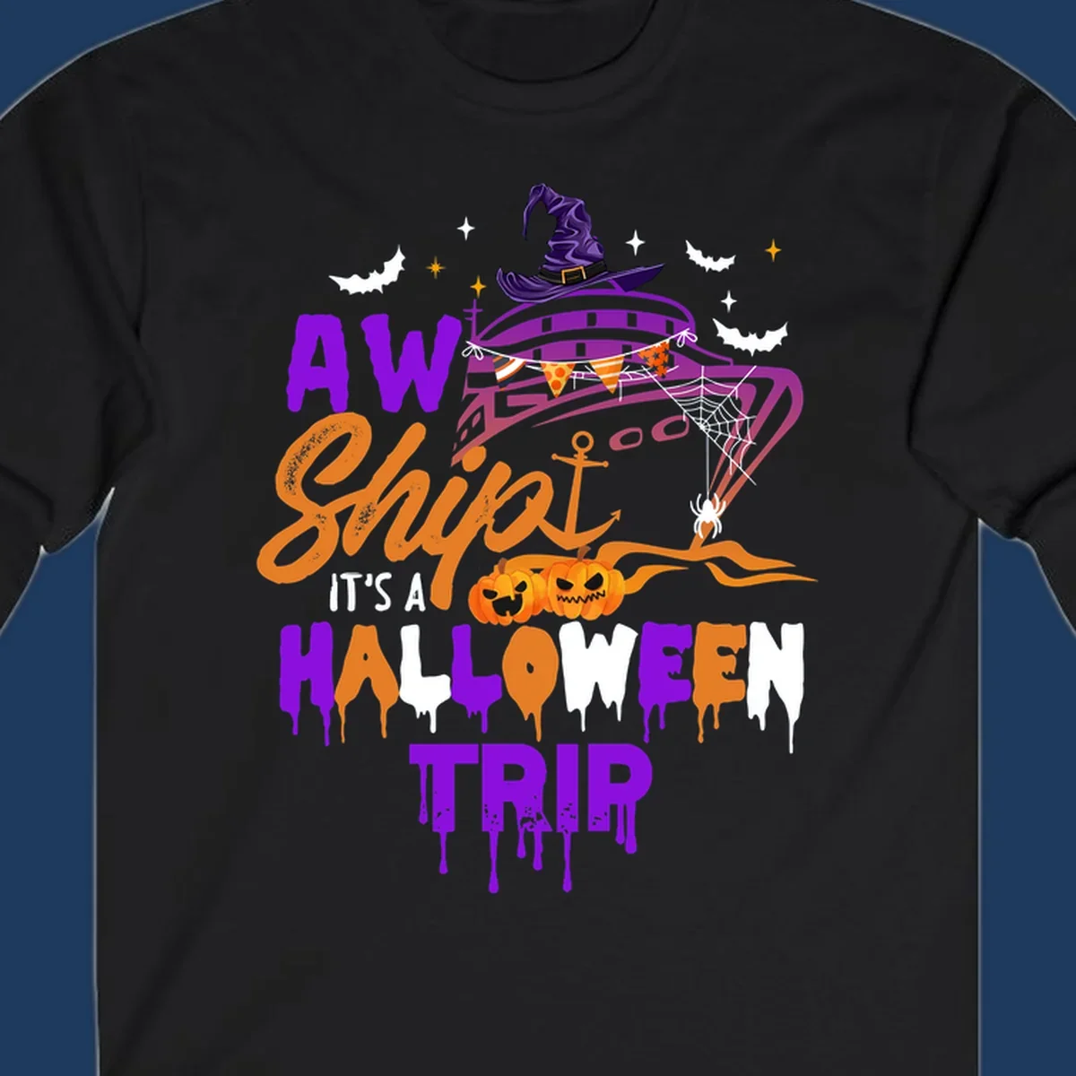 Halloween cruise trip design with purple witch hat, jack-o-lanterns, spider web, and dripping text saying 'AW Shiver It's A Halloween Trip'