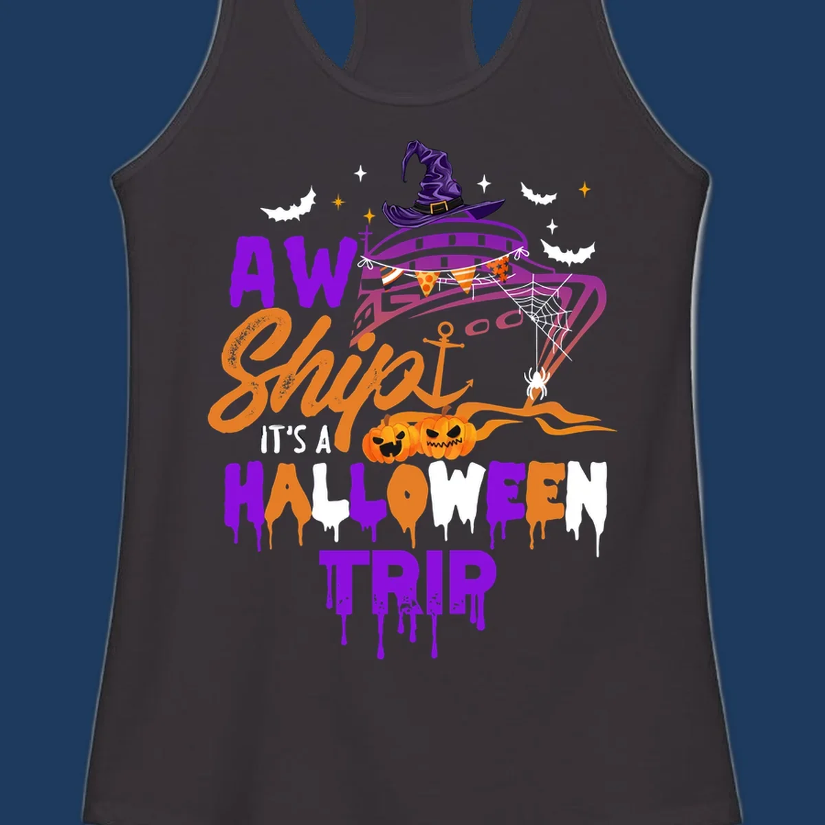 Halloween cruise trip design with purple witch hat, jack-o-lanterns, spider web, and dripping text saying 'AW Shiver It's A Halloween Trip'