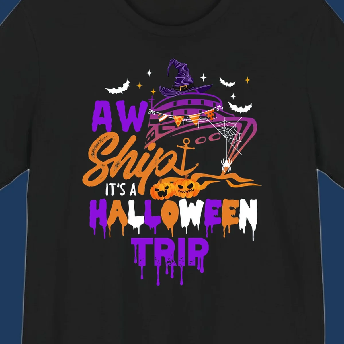 Halloween cruise trip design with purple witch hat, jack-o-lanterns, spider web, and dripping text saying 'AW Shiver It's A Halloween Trip'