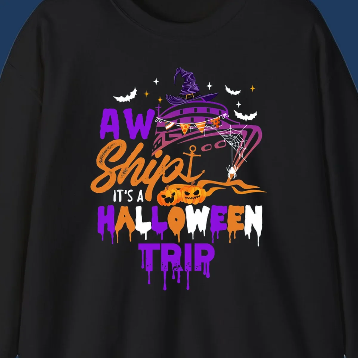 Halloween cruise trip design with purple witch hat, jack-o-lanterns, spider web, and dripping text saying 'AW Shiver It's A Halloween Trip'