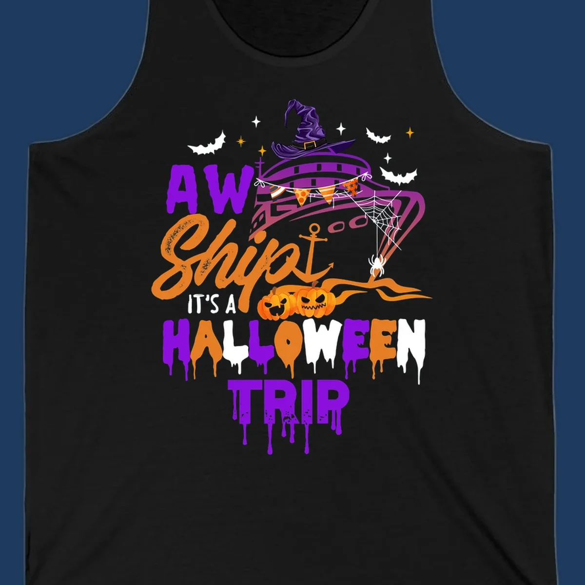 Halloween cruise trip design with purple witch hat, jack-o-lanterns, spider web, and dripping text saying 'AW Shiver It's A Halloween Trip'