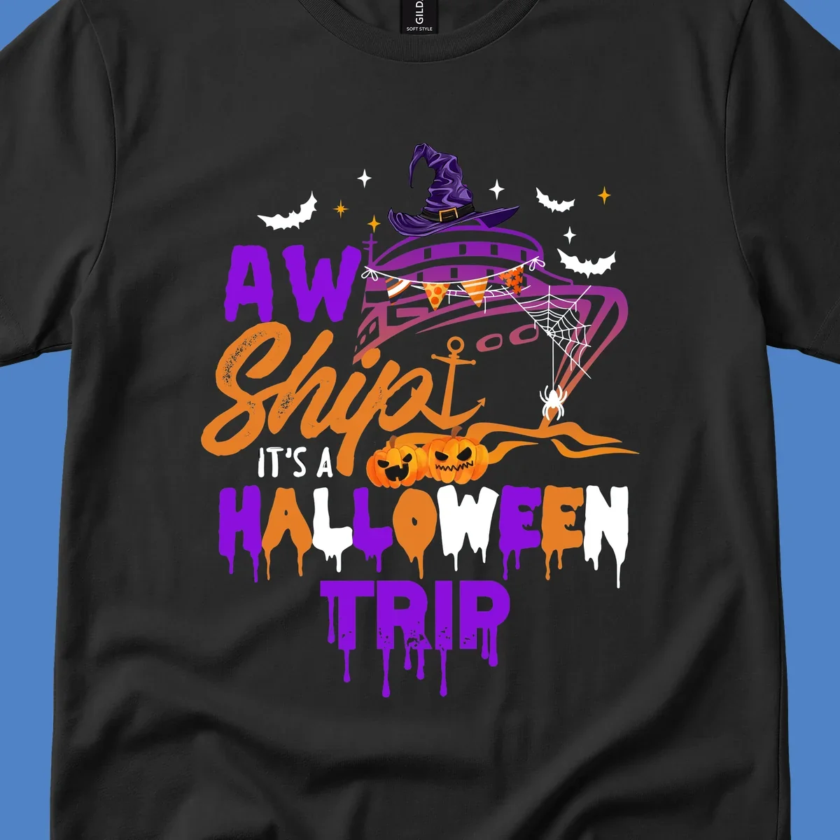 Halloween cruise trip design with purple witch hat, jack-o-lanterns, spider web, and dripping text saying 'AW Shiver It's A Halloween Trip'