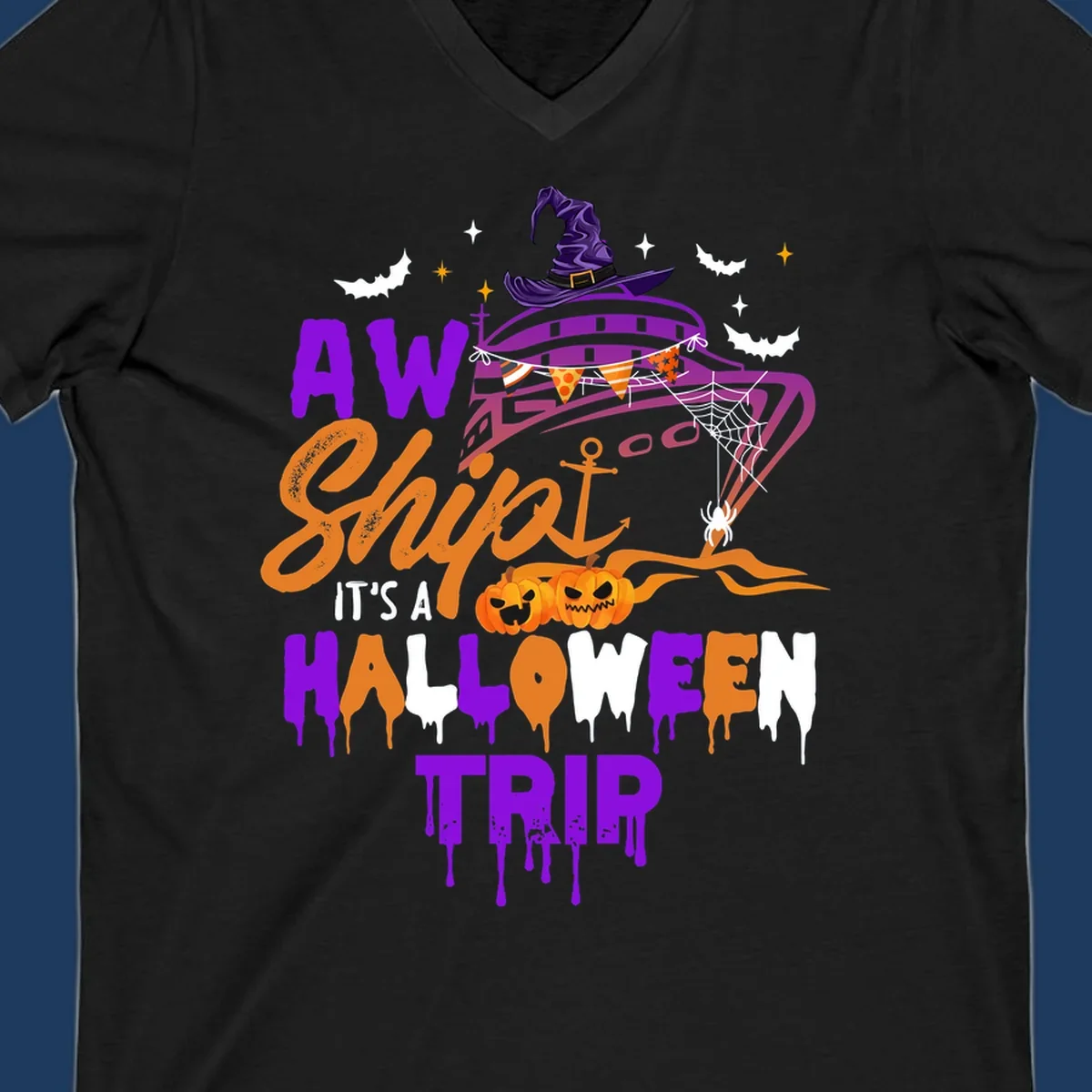 Halloween cruise trip design with purple witch hat, jack-o-lanterns, spider web, and dripping text saying 'AW Shiver It's A Halloween Trip'