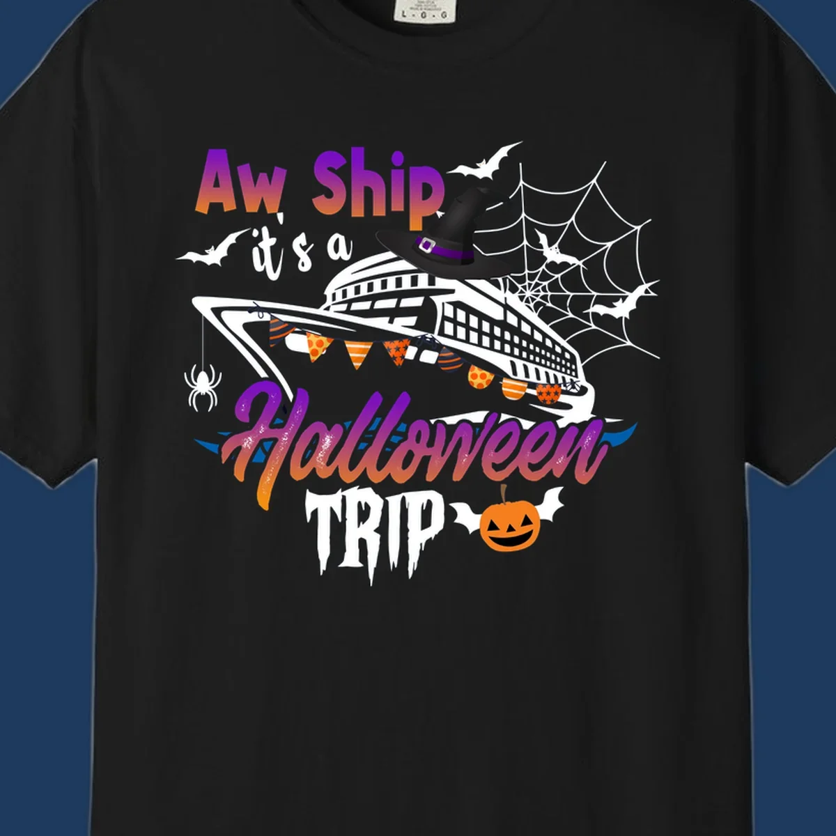 Aw Ship Halloween cruise design with witch hat on ship, bats, spider webs, and jack-o-lantern pumpkin