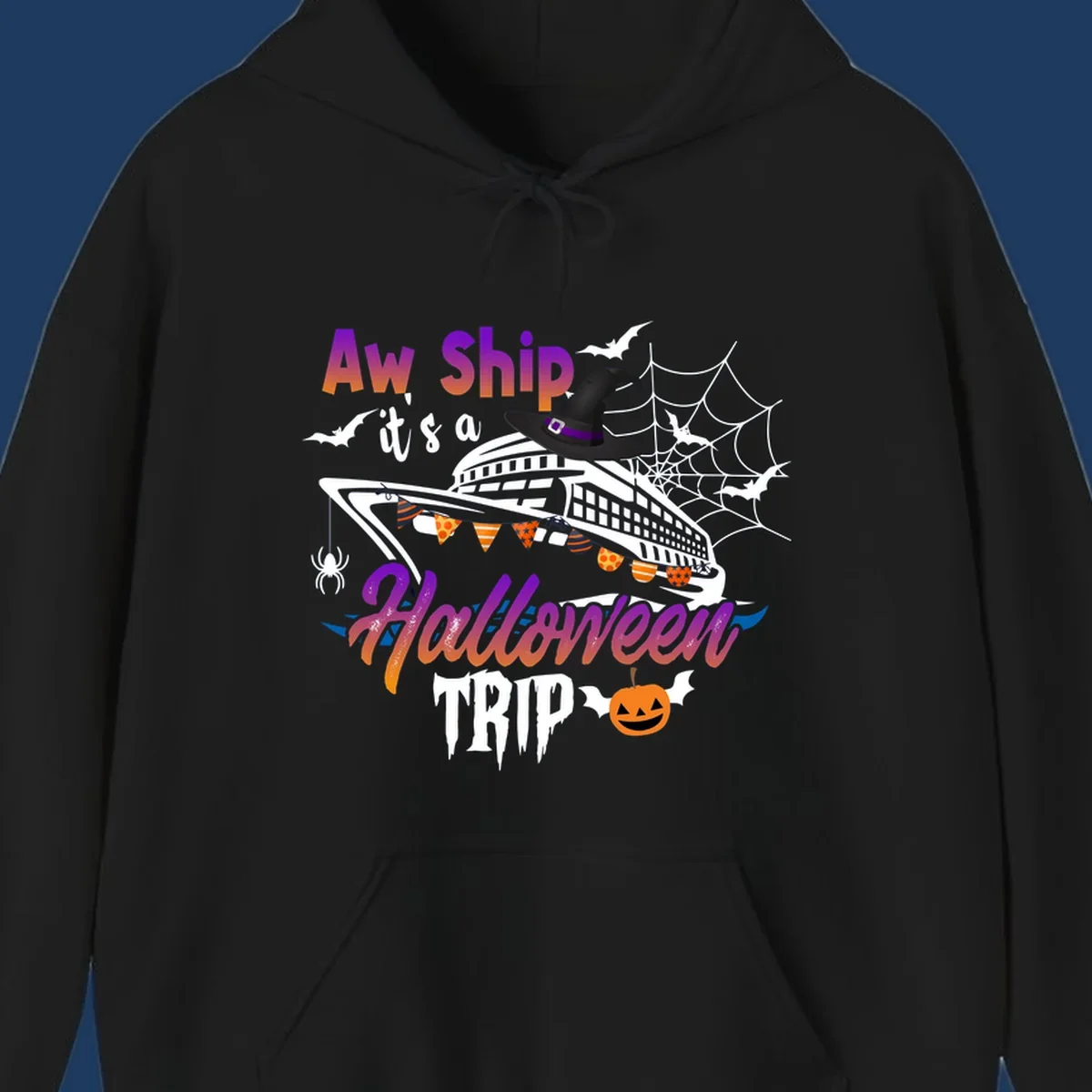 Aw Ship Halloween cruise design with witch hat on ship, bats, spider webs, and jack-o-lantern pumpkin