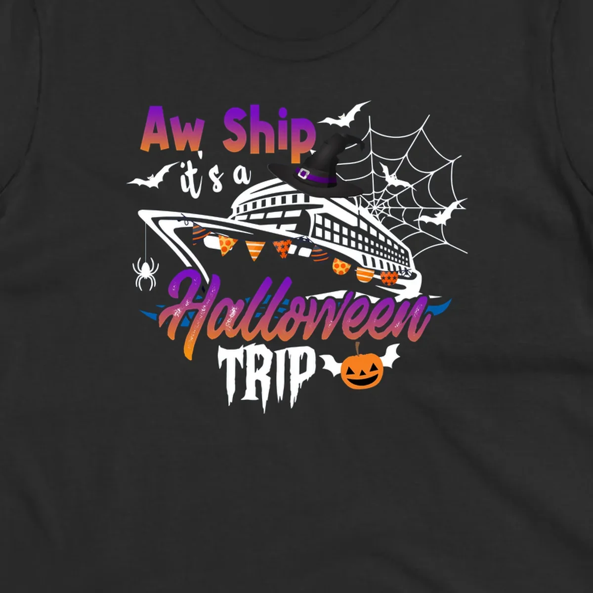 Aw Ship Halloween cruise design with witch hat on ship, bats, spider webs, and jack-o-lantern pumpkin