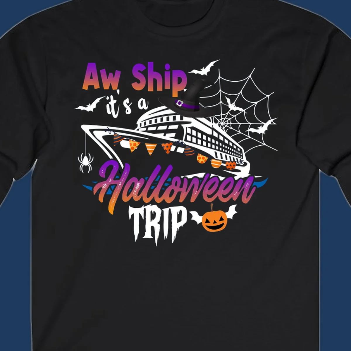 Aw Ship Halloween cruise design with witch hat on ship, bats, spider webs, and jack-o-lantern pumpkin