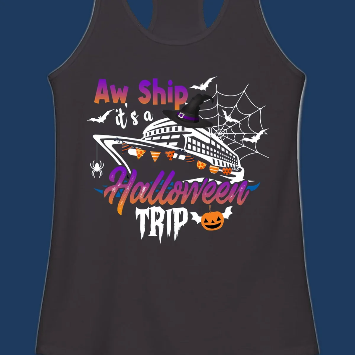 Aw Ship Halloween cruise design with witch hat on ship, bats, spider webs, and jack-o-lantern pumpkin