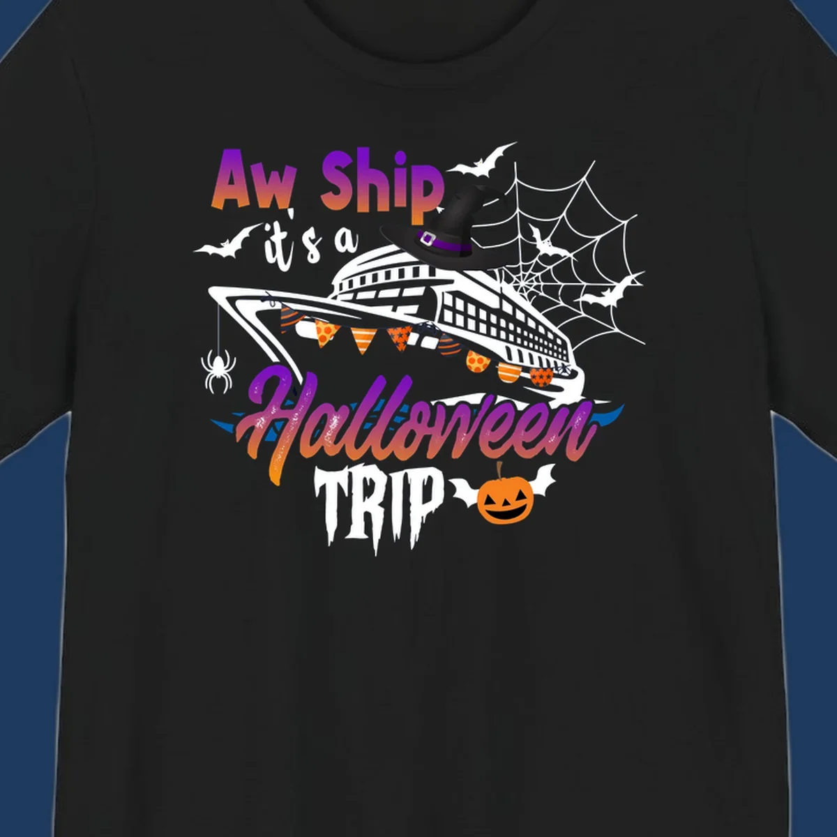 Aw Ship Halloween cruise design with witch hat on ship, bats, spider webs, and jack-o-lantern pumpkin