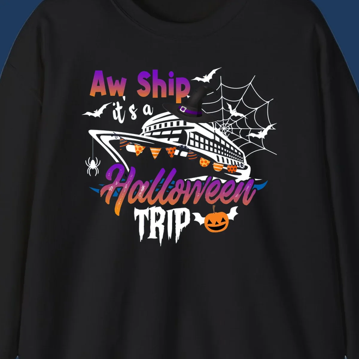 Aw Ship Halloween cruise design with witch hat on ship, bats, spider webs, and jack-o-lantern pumpkin
