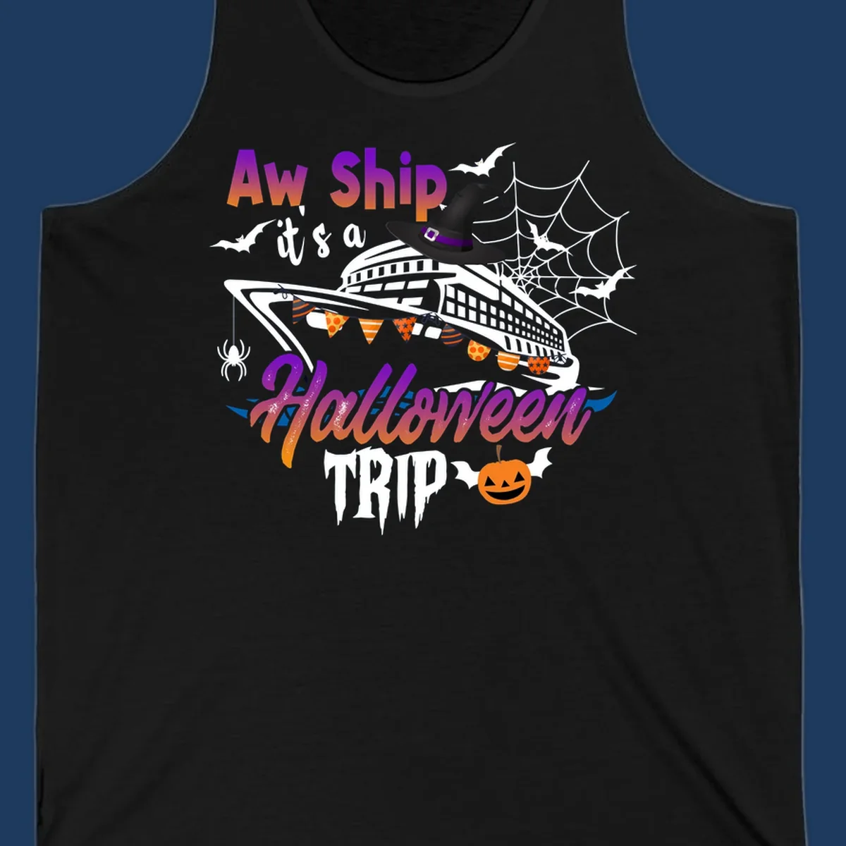 Aw Ship Halloween cruise design with witch hat on ship, bats, spider webs, and jack-o-lantern pumpkin