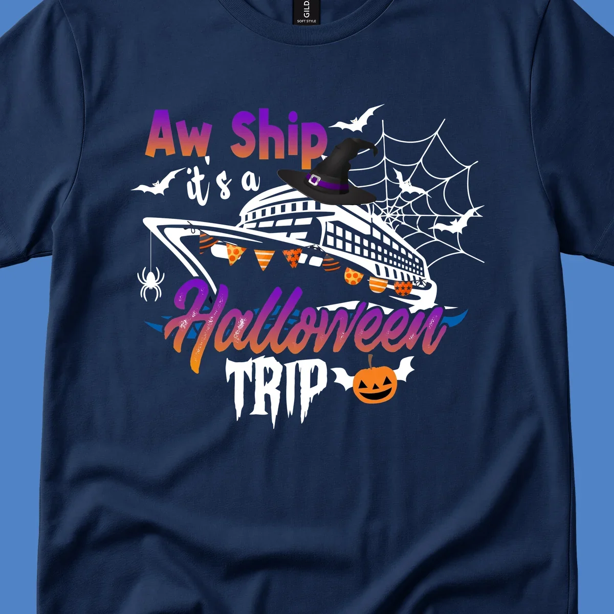 Aw Ship Halloween cruise design with witch hat on ship, bats, spider webs, and jack-o-lantern pumpkin