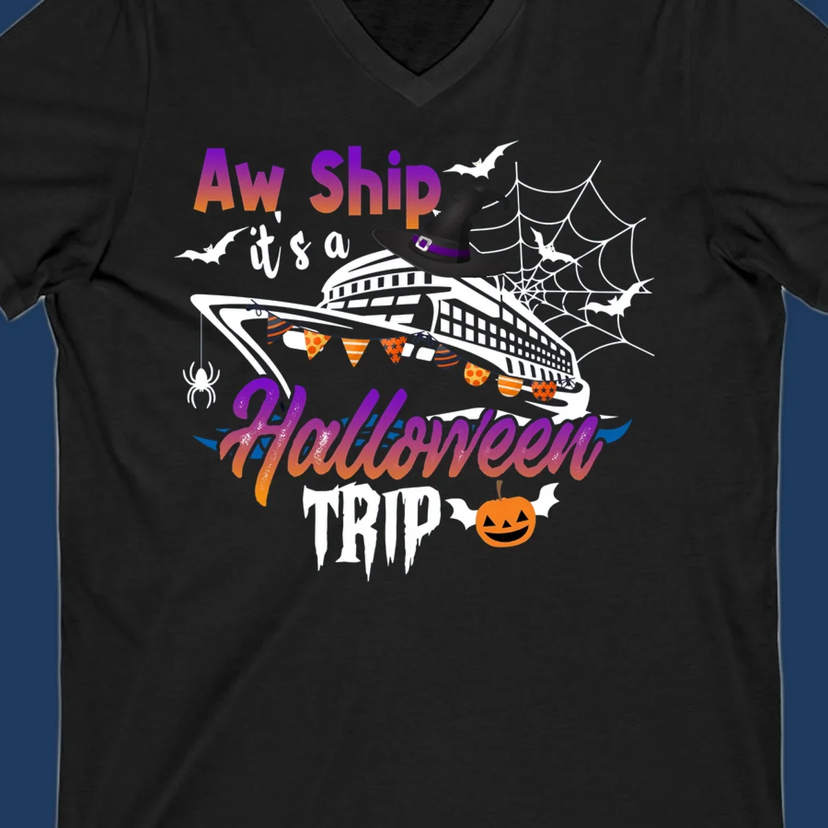 Aw Ship Halloween cruise design with witch hat on ship, bats, spider webs, and jack-o-lantern pumpkin
