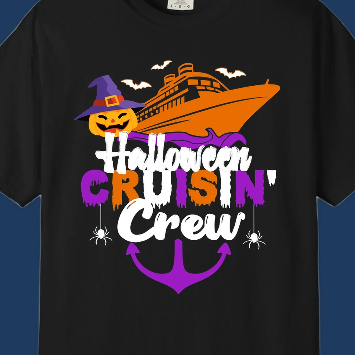 Halloween cruise crew design with jack-o-lantern pumpkin in witch hat, cruise ship, bats, spiders, and anchor