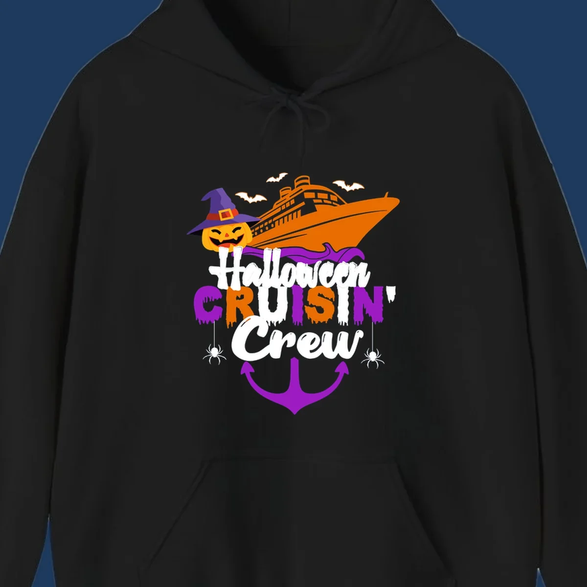 Halloween cruise crew design with jack-o-lantern pumpkin in witch hat, cruise ship, bats, spiders, and anchor