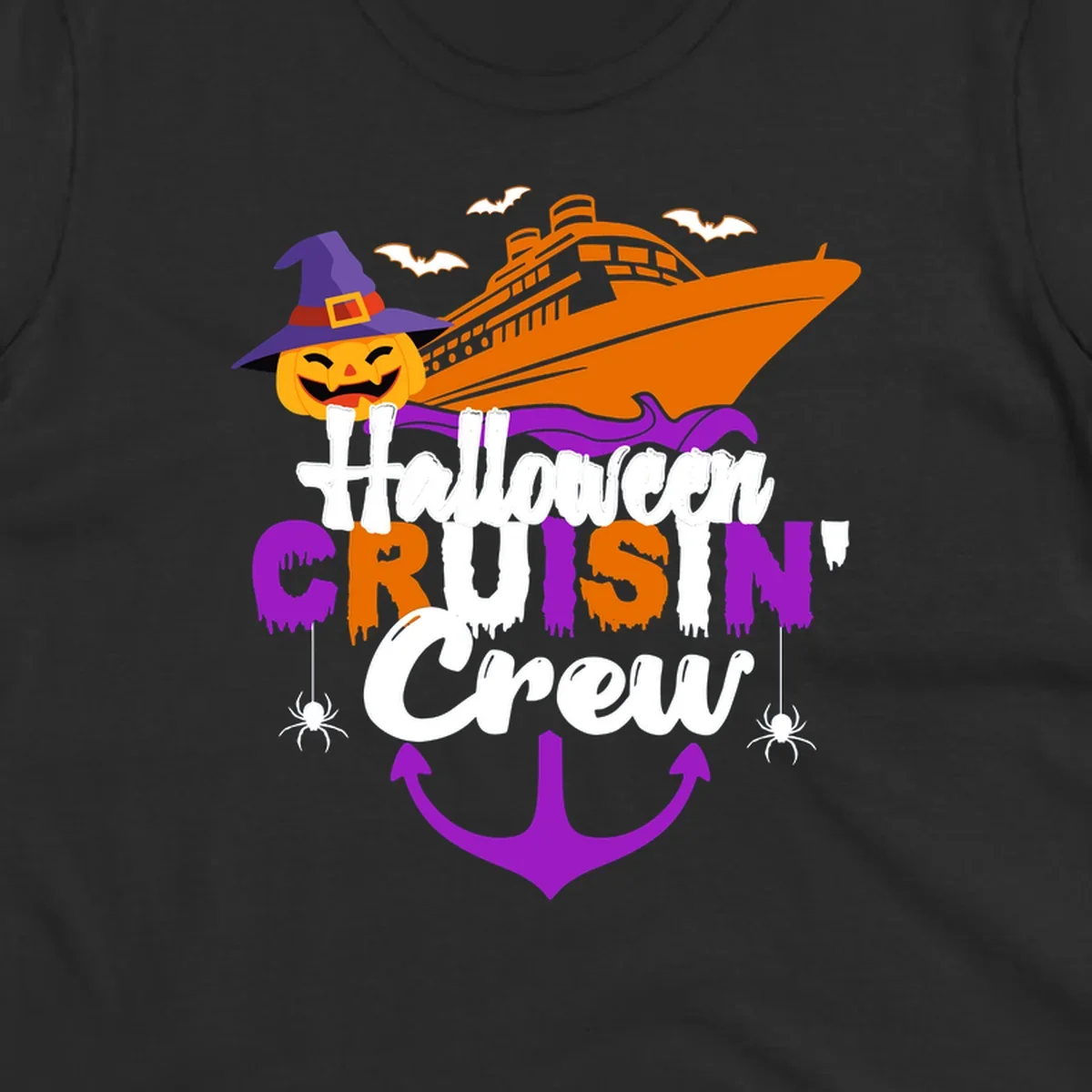Halloween cruise crew design with jack-o-lantern pumpkin in witch hat, cruise ship, bats, spiders, and anchor