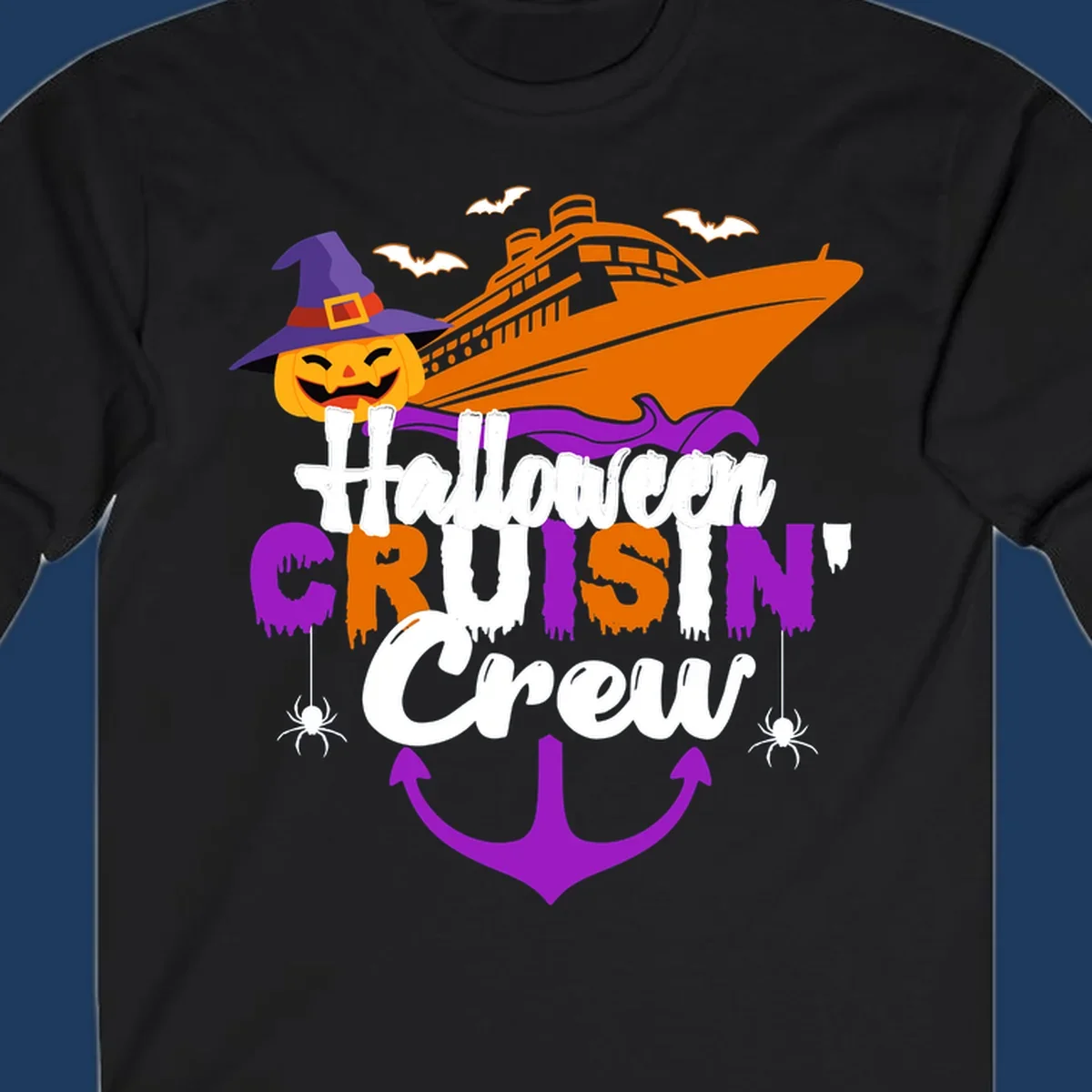 Halloween cruise crew design with jack-o-lantern pumpkin in witch hat, cruise ship, bats, spiders, and anchor