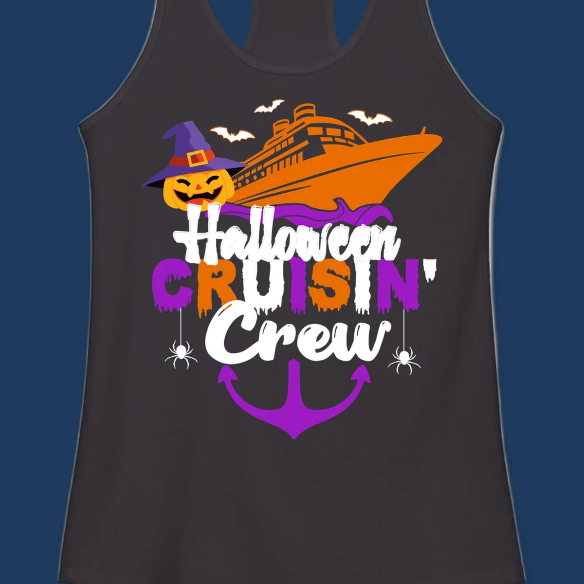 Halloween cruise crew design with jack-o-lantern pumpkin in witch hat, cruise ship, bats, spiders, and anchor