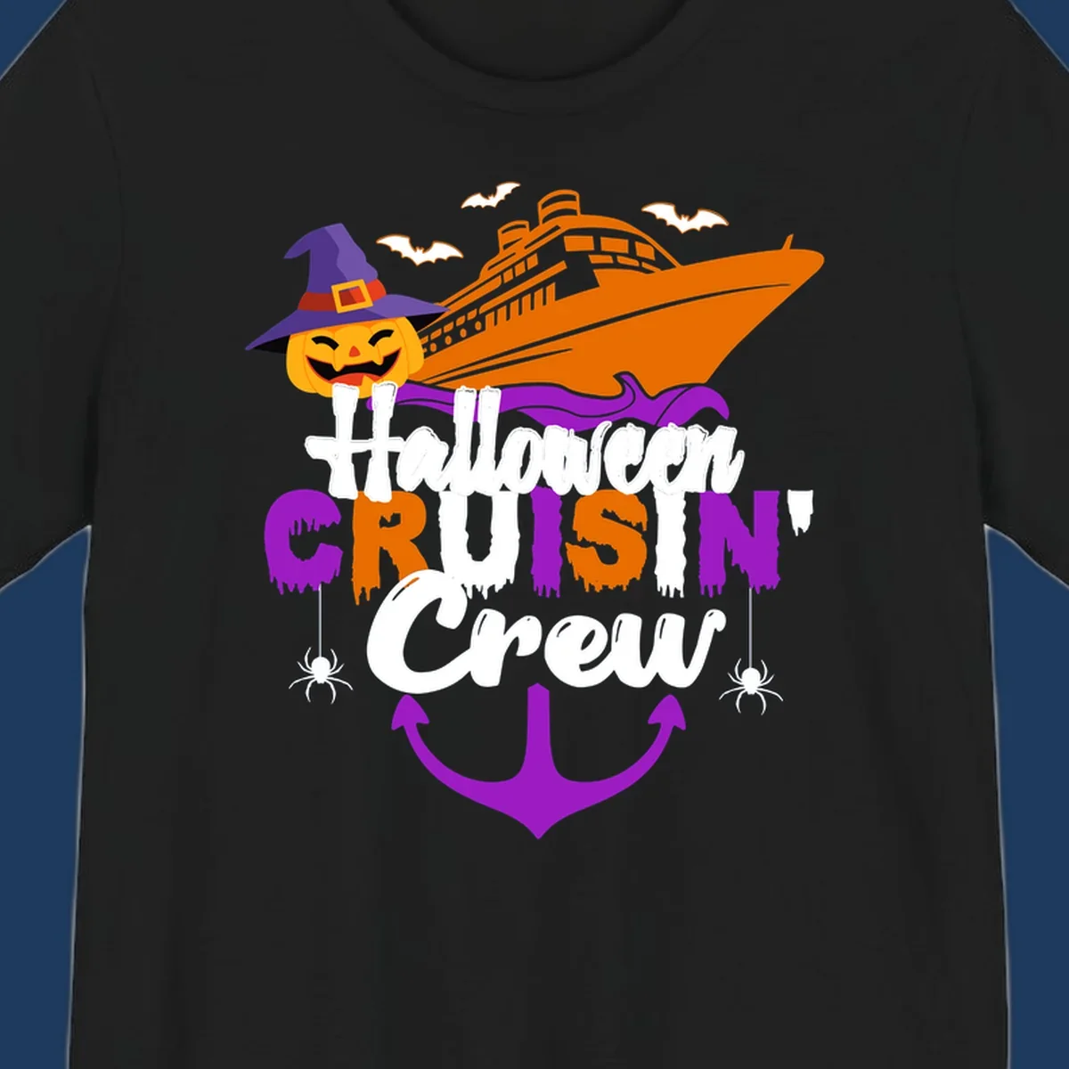 Halloween cruise crew design with jack-o-lantern pumpkin in witch hat, cruise ship, bats, spiders, and anchor