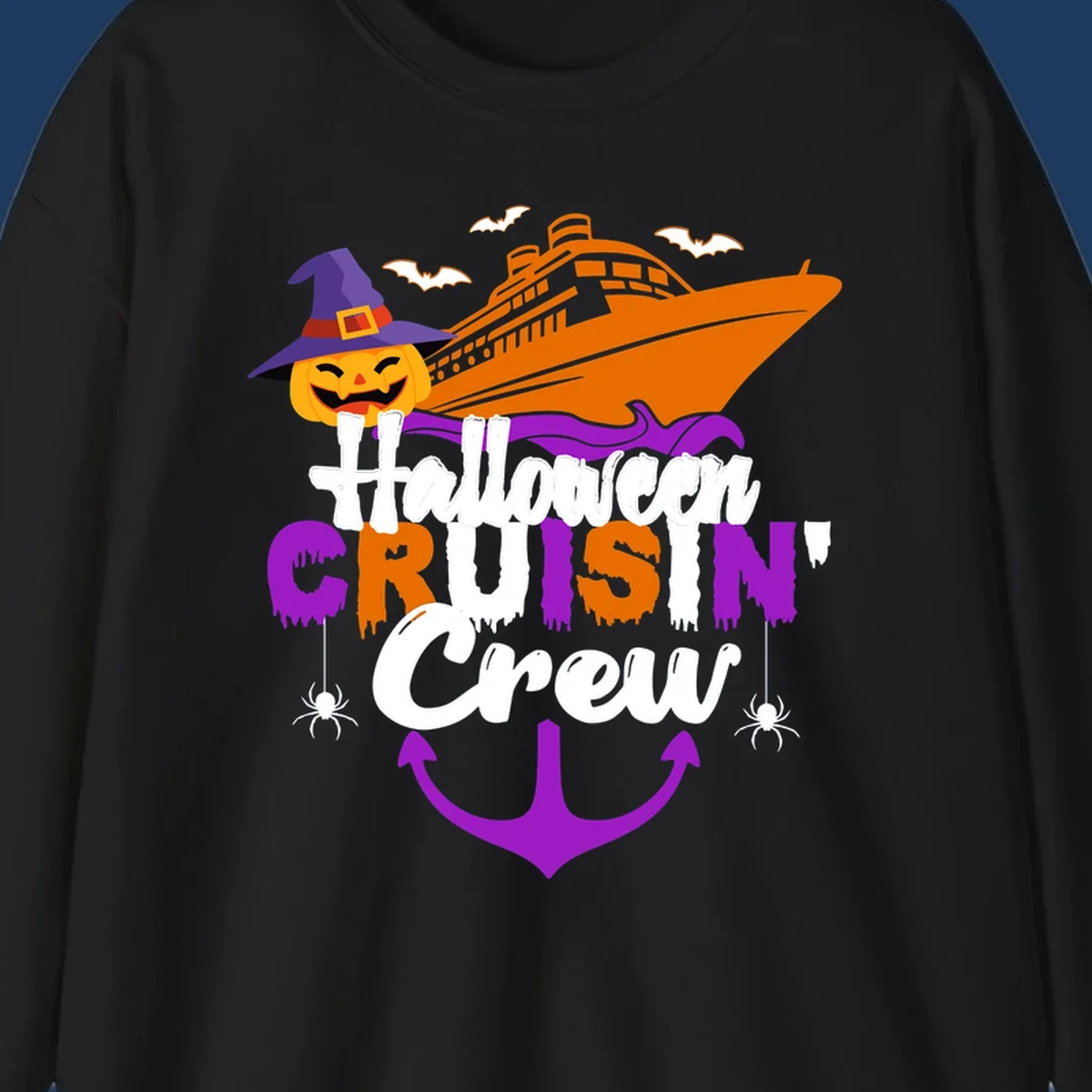 Halloween cruise crew design with jack-o-lantern pumpkin in witch hat, cruise ship, bats, spiders, and anchor