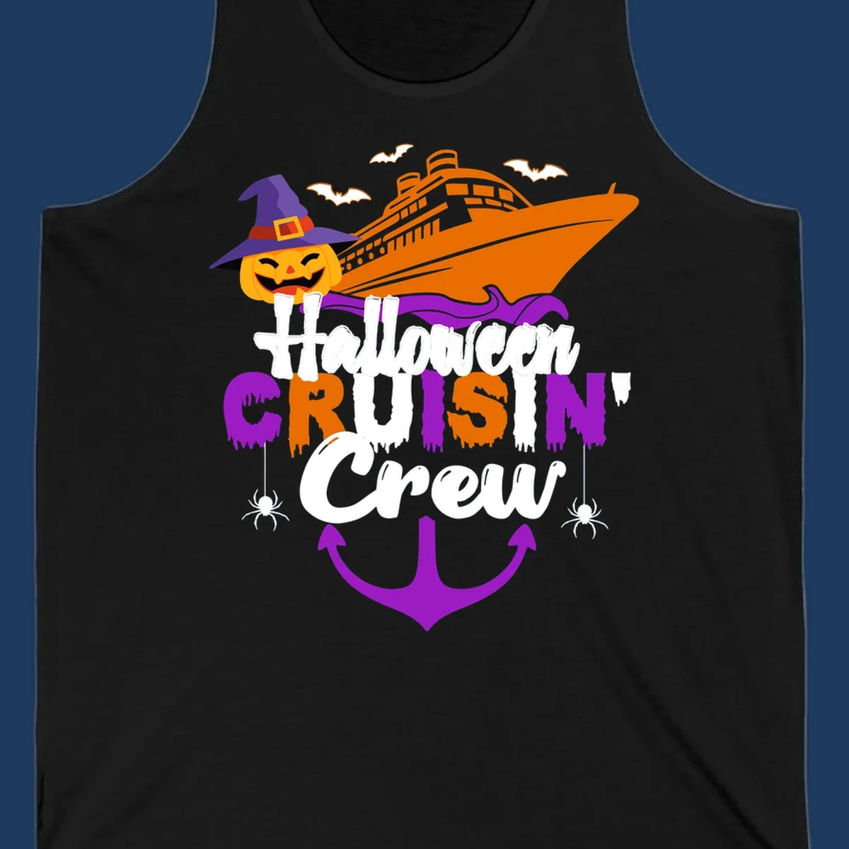 Halloween cruise crew design with jack-o-lantern pumpkin in witch hat, cruise ship, bats, spiders, and anchor