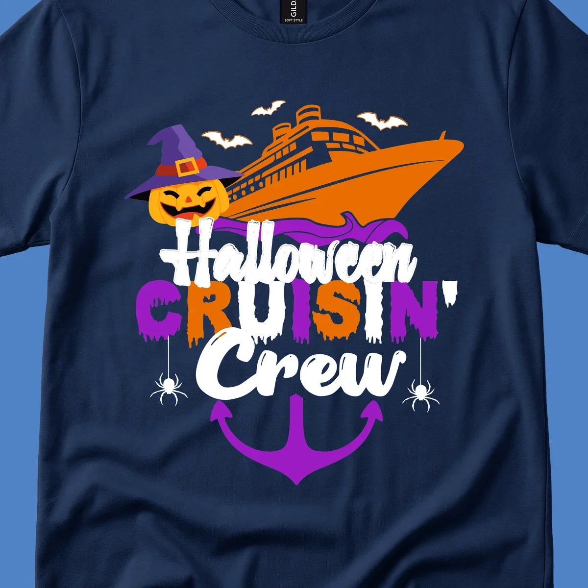 Halloween cruise crew design with jack-o-lantern pumpkin in witch hat, cruise ship, bats, spiders, and anchor