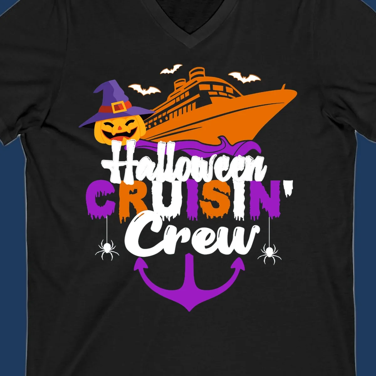 Halloween cruise crew design with jack-o-lantern pumpkin in witch hat, cruise ship, bats, spiders, and anchor