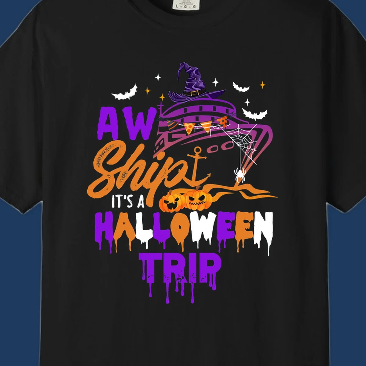 Halloween cruise trip design with purple witch hat UFO, jack-o-lantern pumpkins, spider web, bats, and festive party decorations
