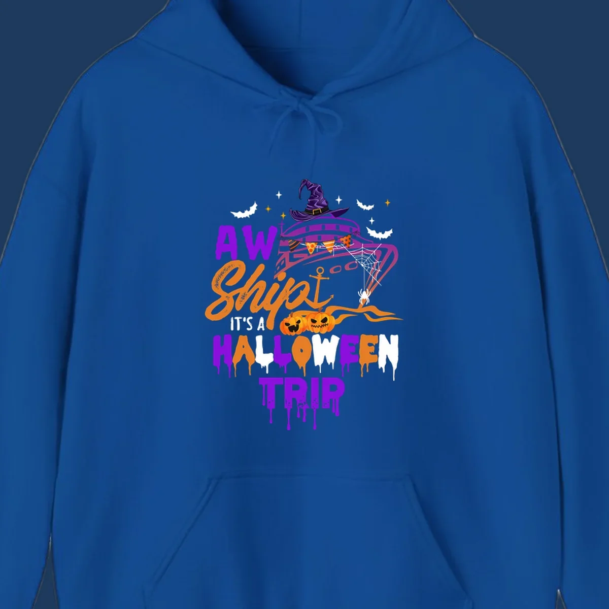 Halloween cruise trip design with purple witch hat UFO, jack-o-lantern pumpkins, spider web, bats, and festive party decorations