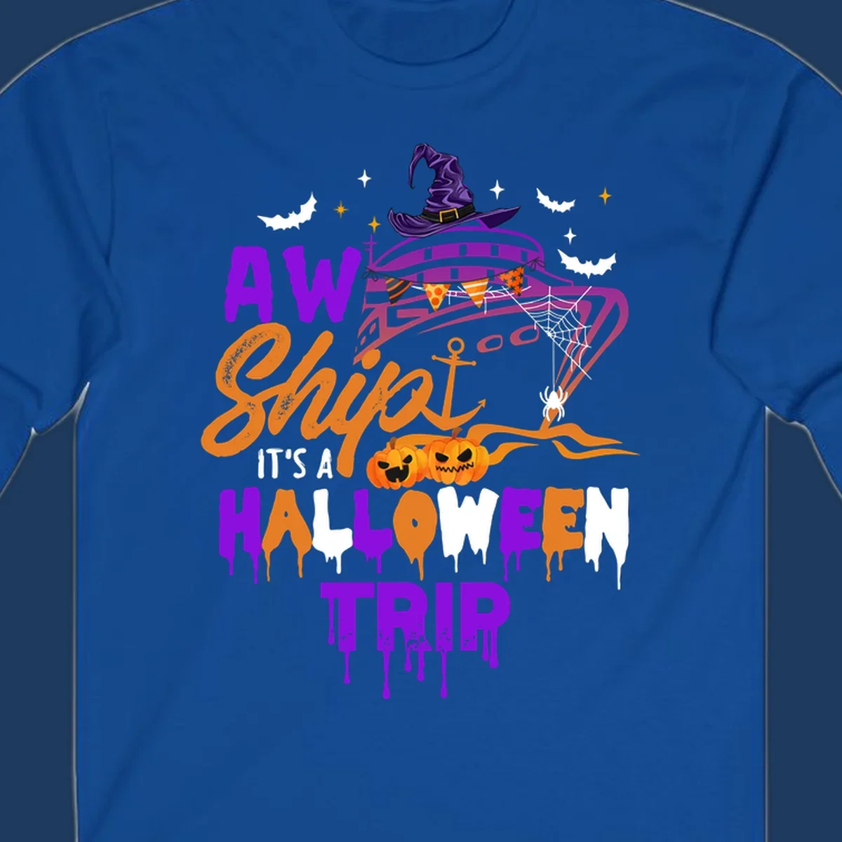 Halloween cruise trip design with purple witch hat UFO, jack-o-lantern pumpkins, spider web, bats, and festive party decorations