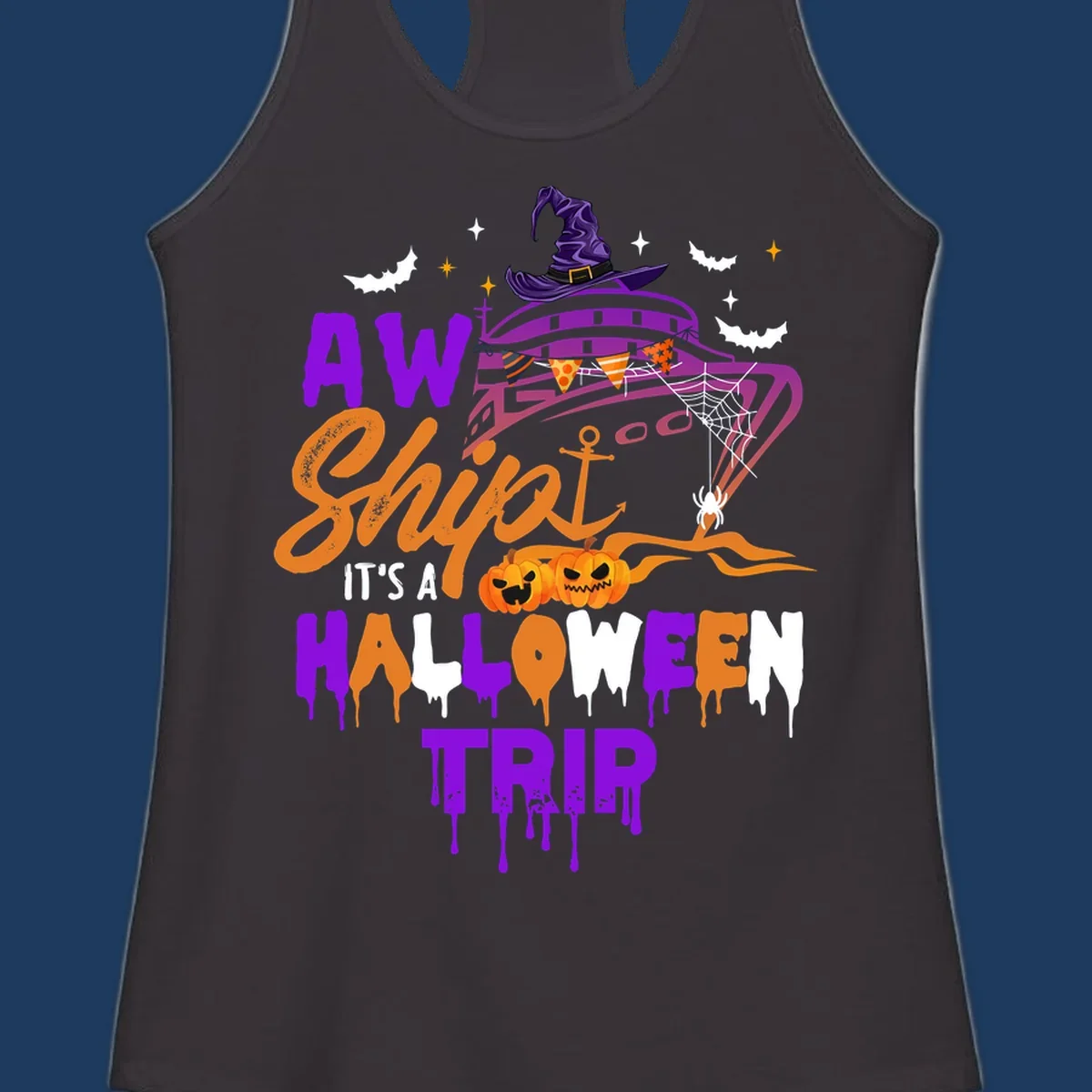 Halloween cruise trip design with purple witch hat UFO, jack-o-lantern pumpkins, spider web, bats, and festive party decorations
