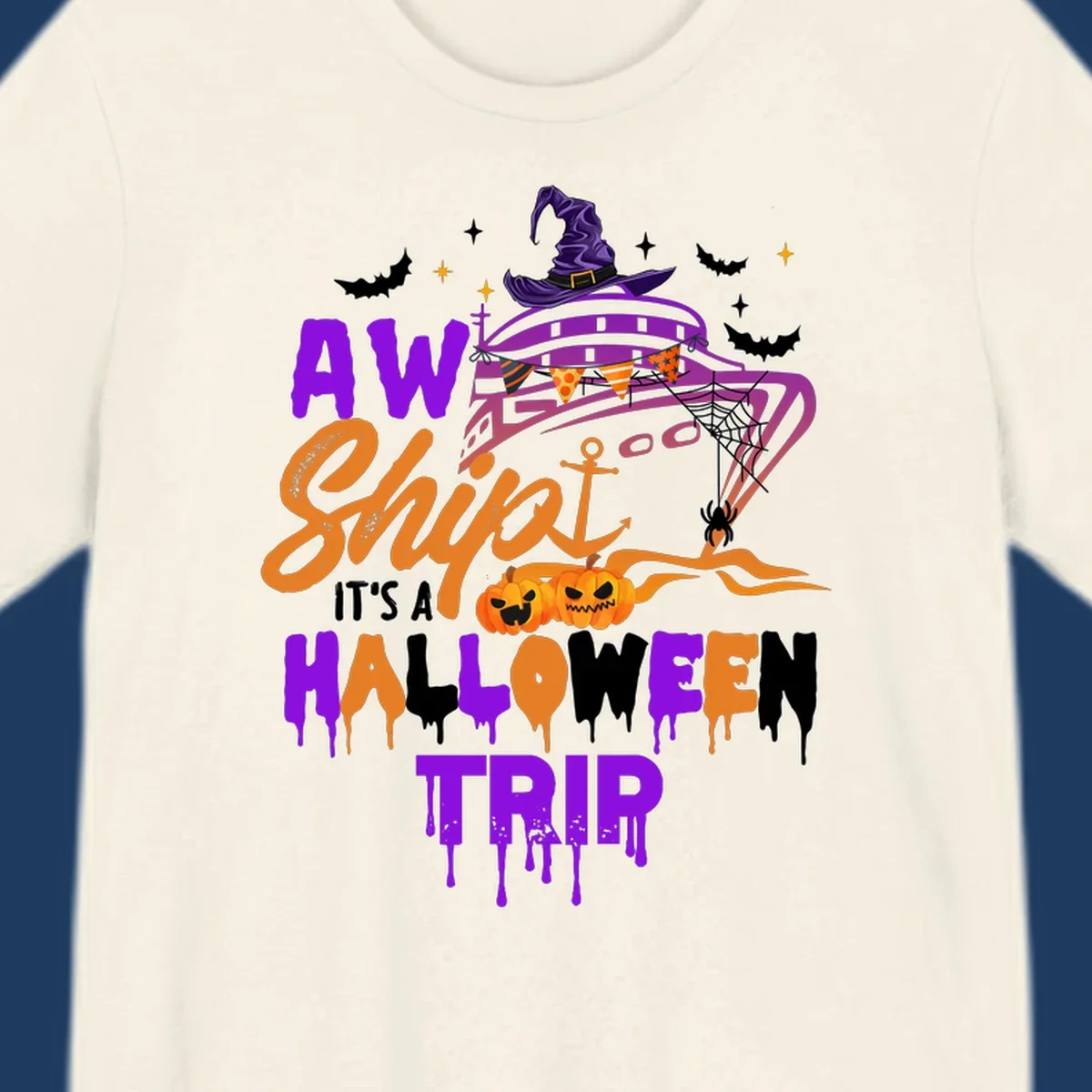 Halloween cruise trip design with purple witch hat UFO, jack-o-lantern pumpkins, spider web, bats, and festive party decorations