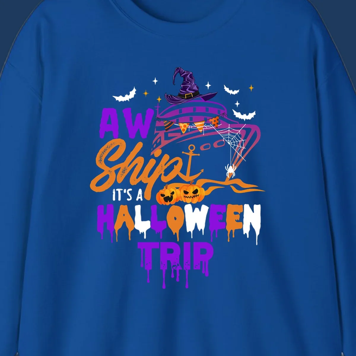 Halloween cruise trip design with purple witch hat UFO, jack-o-lantern pumpkins, spider web, bats, and festive party decorations