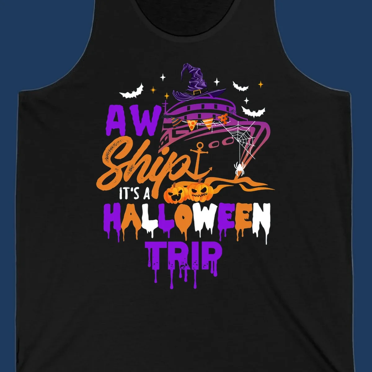 Halloween cruise trip design with purple witch hat UFO, jack-o-lantern pumpkins, spider web, bats, and festive party decorations