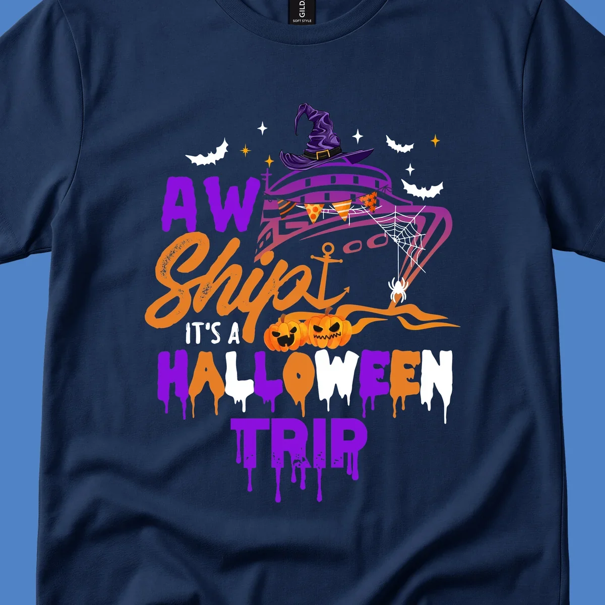 Halloween cruise trip design with purple witch hat UFO, jack-o-lantern pumpkins, spider web, bats, and festive party decorations