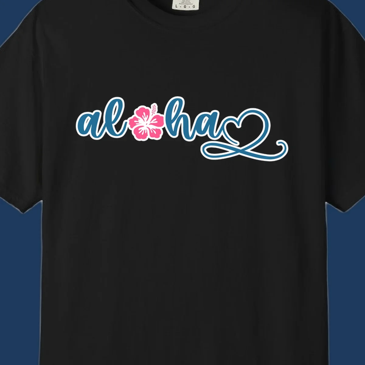 Aloha hibiscus cruise design featuring blue cursive 'aloha' text with pink hibiscus flower and decorative flourish