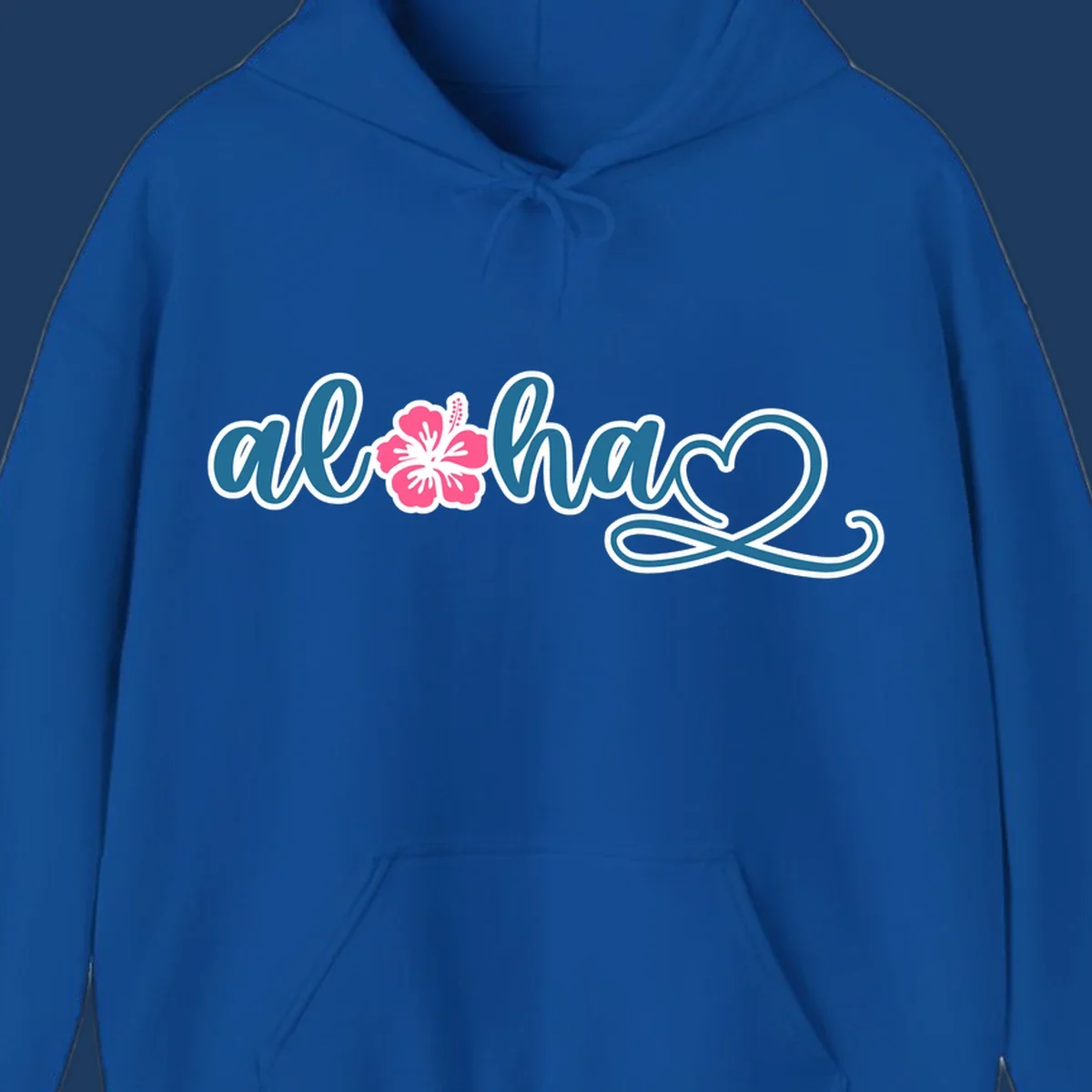Aloha hibiscus cruise design featuring blue cursive 'aloha' text with pink hibiscus flower and decorative flourish