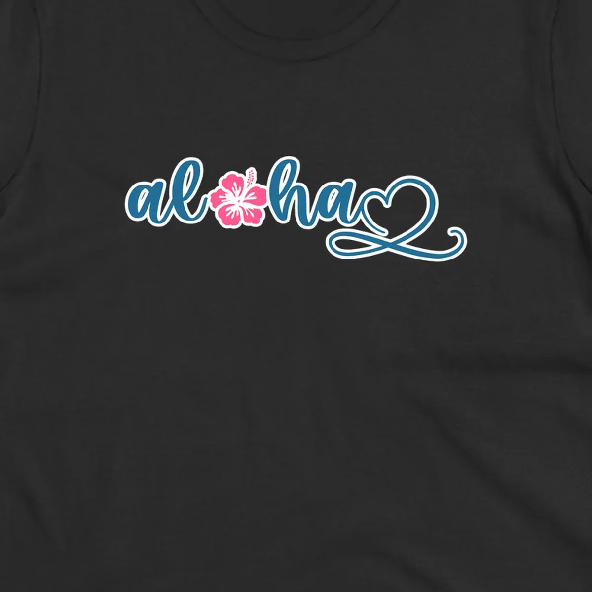 Aloha hibiscus cruise design featuring blue cursive 'aloha' text with pink hibiscus flower and decorative flourish