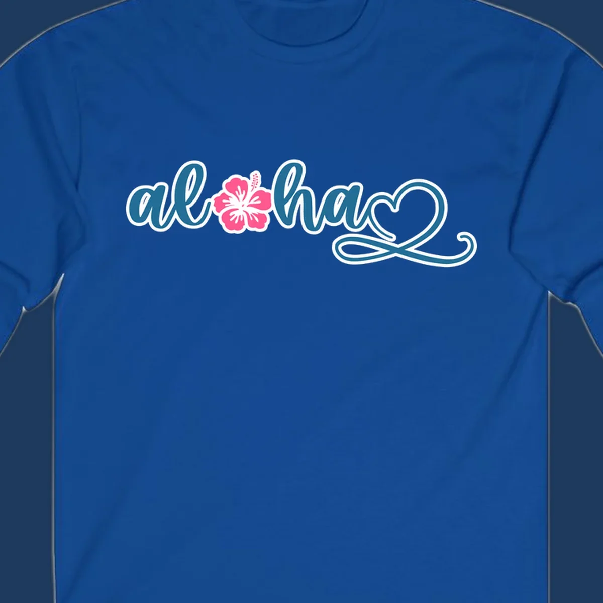 Aloha hibiscus cruise design featuring blue cursive 'aloha' text with pink hibiscus flower and decorative flourish