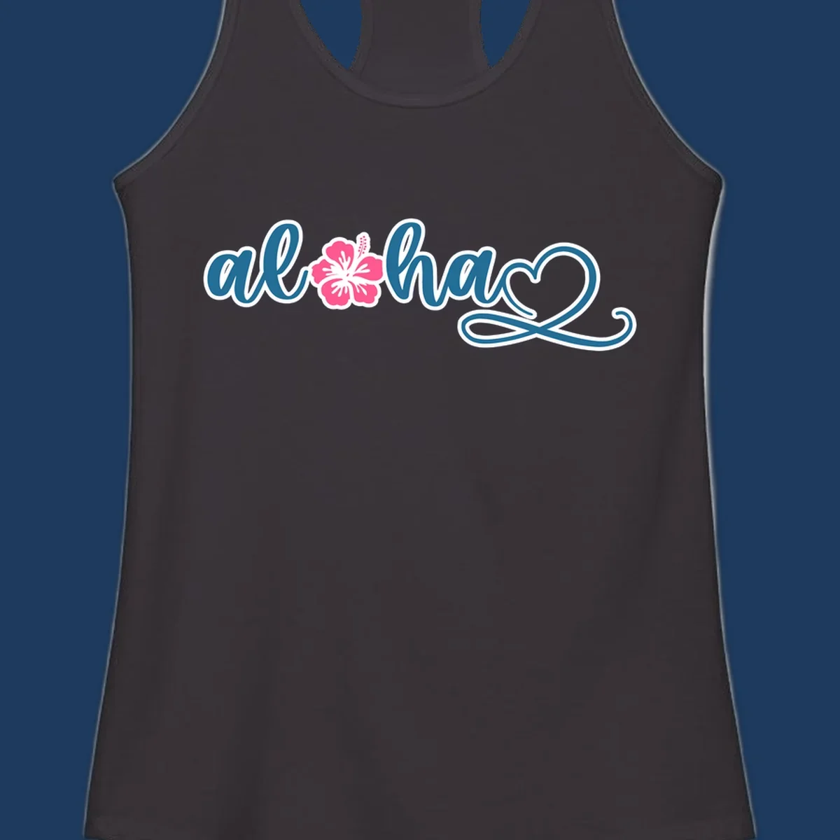 Aloha hibiscus cruise design featuring blue cursive 'aloha' text with pink hibiscus flower and decorative flourish