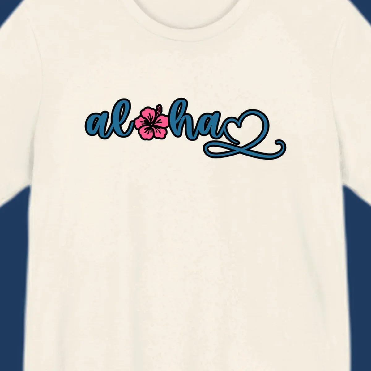 Aloha hibiscus cruise design featuring blue cursive 'aloha' text with pink hibiscus flower and decorative flourish