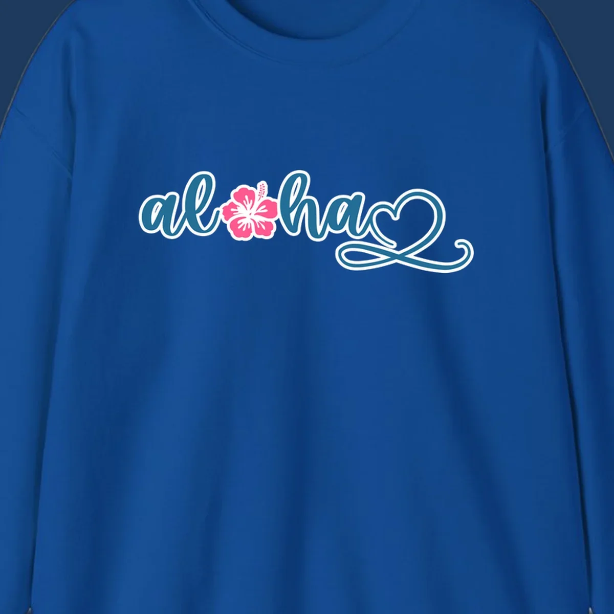 Aloha hibiscus cruise design featuring blue cursive 'aloha' text with pink hibiscus flower and decorative flourish